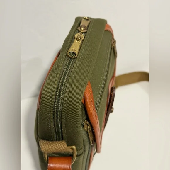 Billingham England Compact Stowaway Camera Green Cognac Brown Leather Handbag - Picture 5 of 15